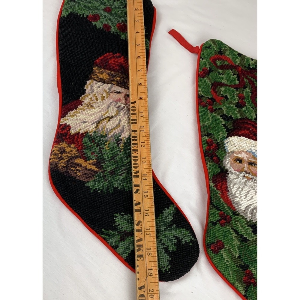 Vintage Needlepoint Christmas Stockings Set of 2 Santa Claus Holly Red Velvet - Picture 8 of 9